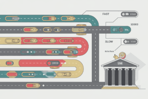 Blockchain remittance fee comparison showing fast crypto lanes versus slow traditional banking
