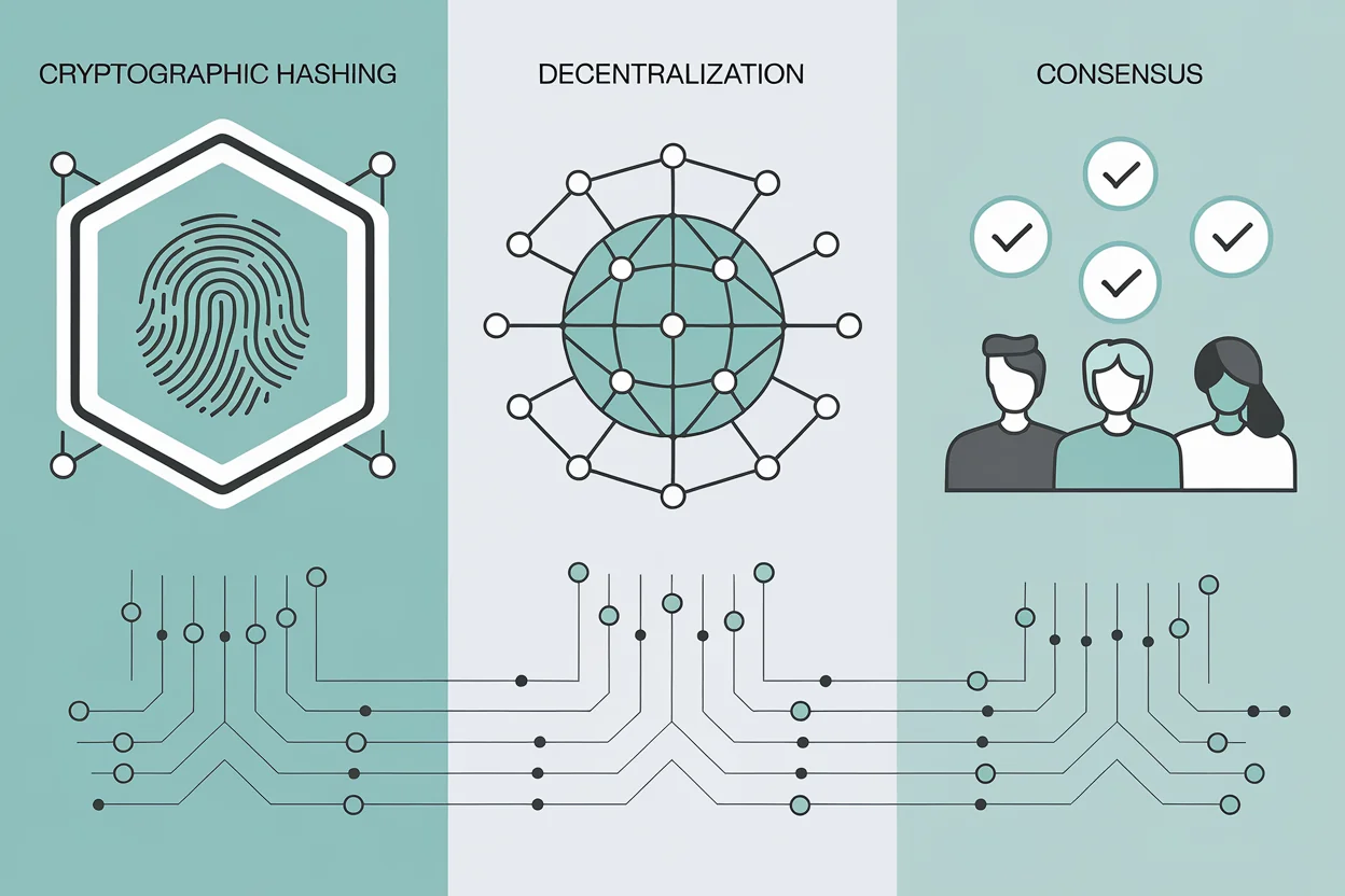 Three pillars of blockchain security: cryptographic hashing, decentralization, and consensus