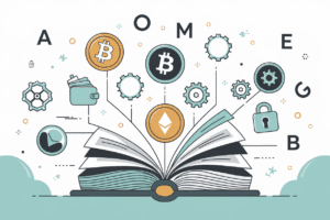 Crypto glossary illustration with dictionary and cryptocurrency symbols including Bitcoin, blockchain, wallet, and DeFi icons