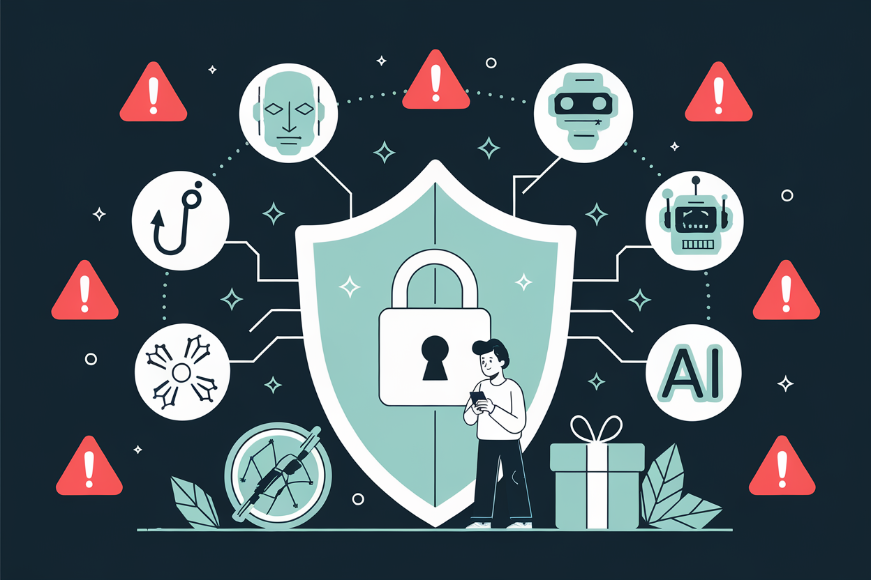 Crypto scam prevention shield protecting user from phishing, deepfakes, and fraud threats