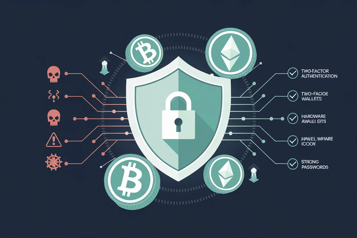 Digital shield protecting cryptocurrency with security threats and protection measures
