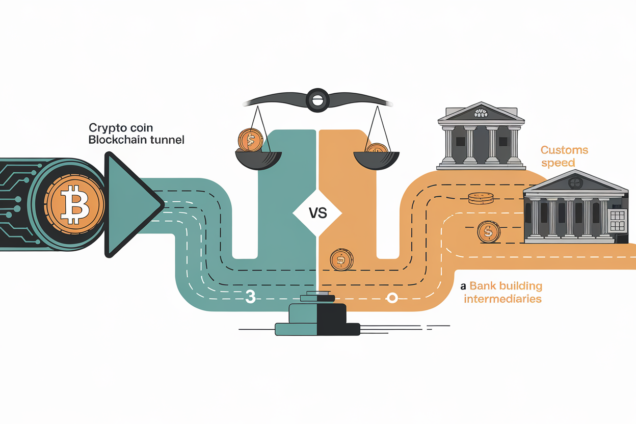 Comparison of crypto and traditional money transfer methods showing speed versus cost tradeoffs