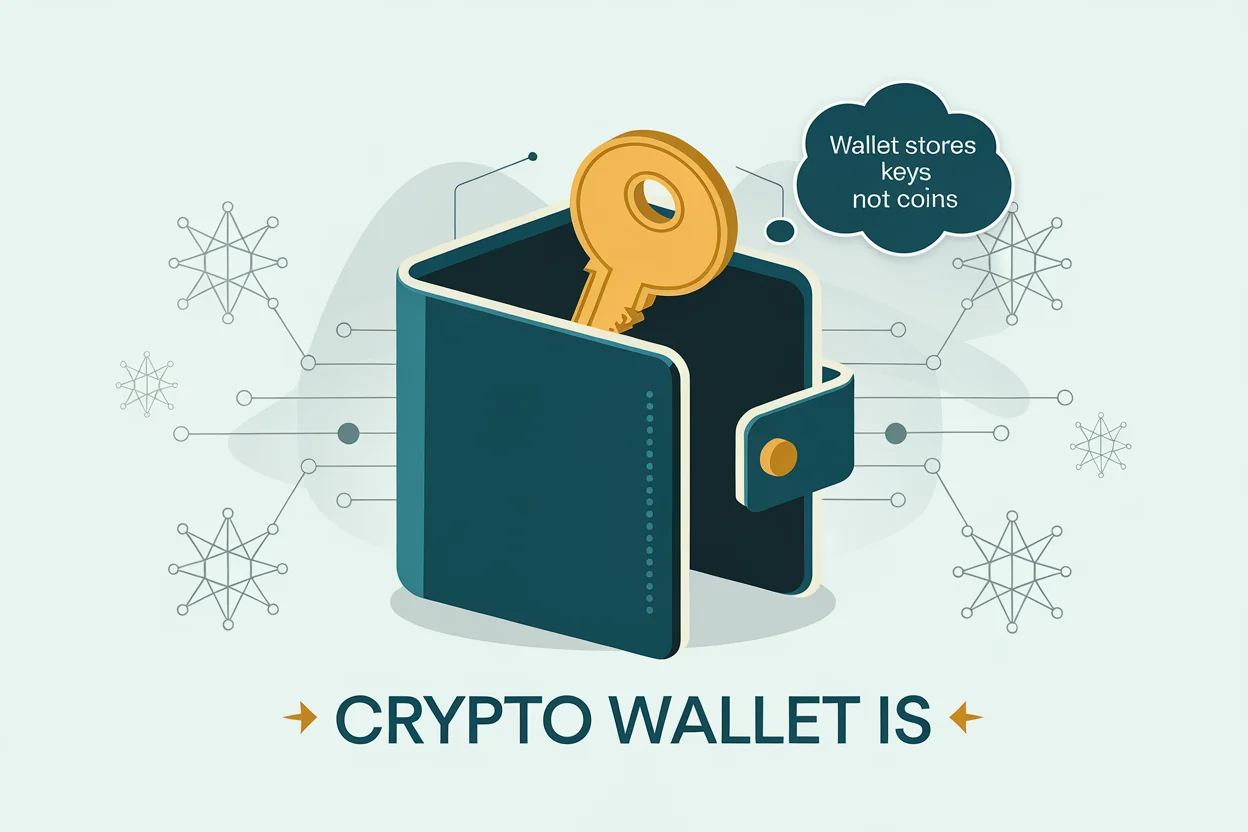 Crypto wallet stores private keys not coins, connected to blockchain network
