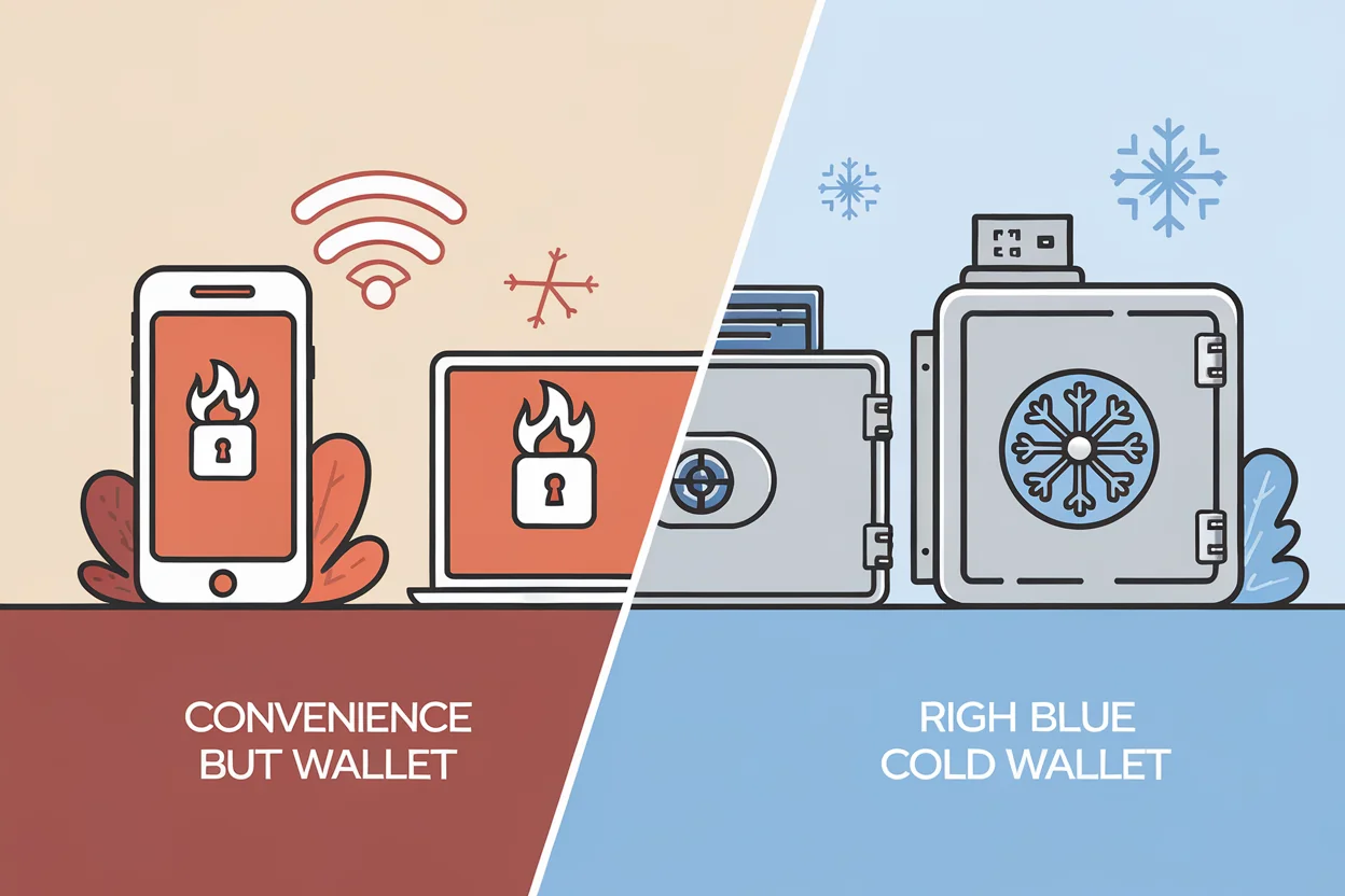 Hot wallet on smartphone with wifi versus cold wallet hardware device in vault