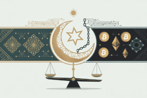 Islamic finance and cryptocurrency illustration showing crescent moon intertwined with blockchain