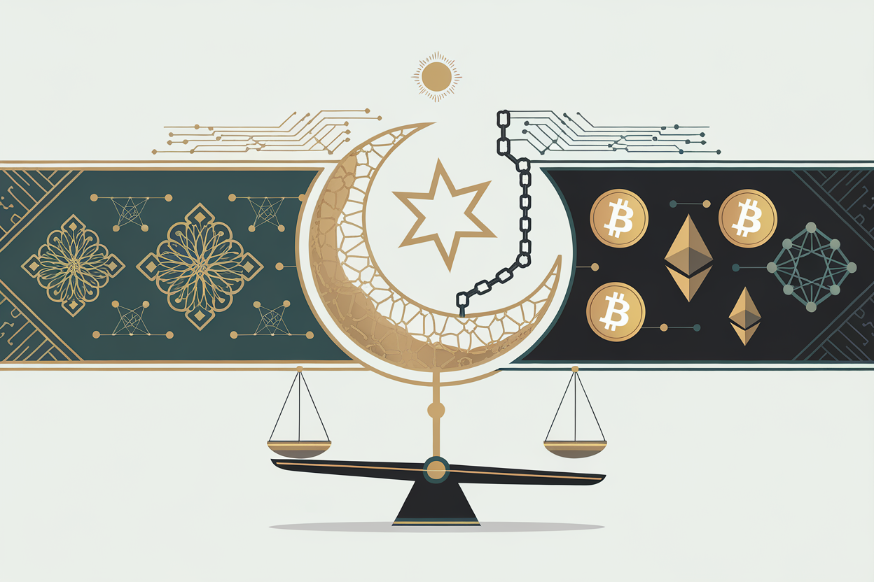 Islamic finance and cryptocurrency illustration showing crescent moon intertwined with blockchain