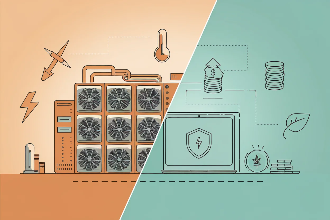 Proof of Work mining rigs versus Proof of Stake laptop with eco-friendly staking