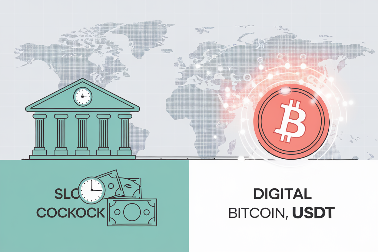 Global remittance comparison showing crypto transfers versus traditional bank wire fees across countries