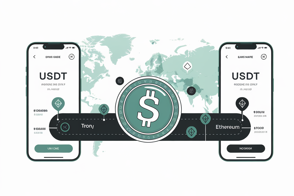 Sending USDT stablecoin internationally across a world map with network lane markers
