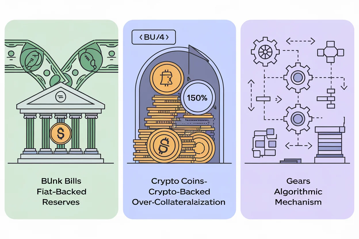 Three types of stablecoin backing: fiat-backed reserves, crypto-backed over-collateralization, and algorithmic mechanism