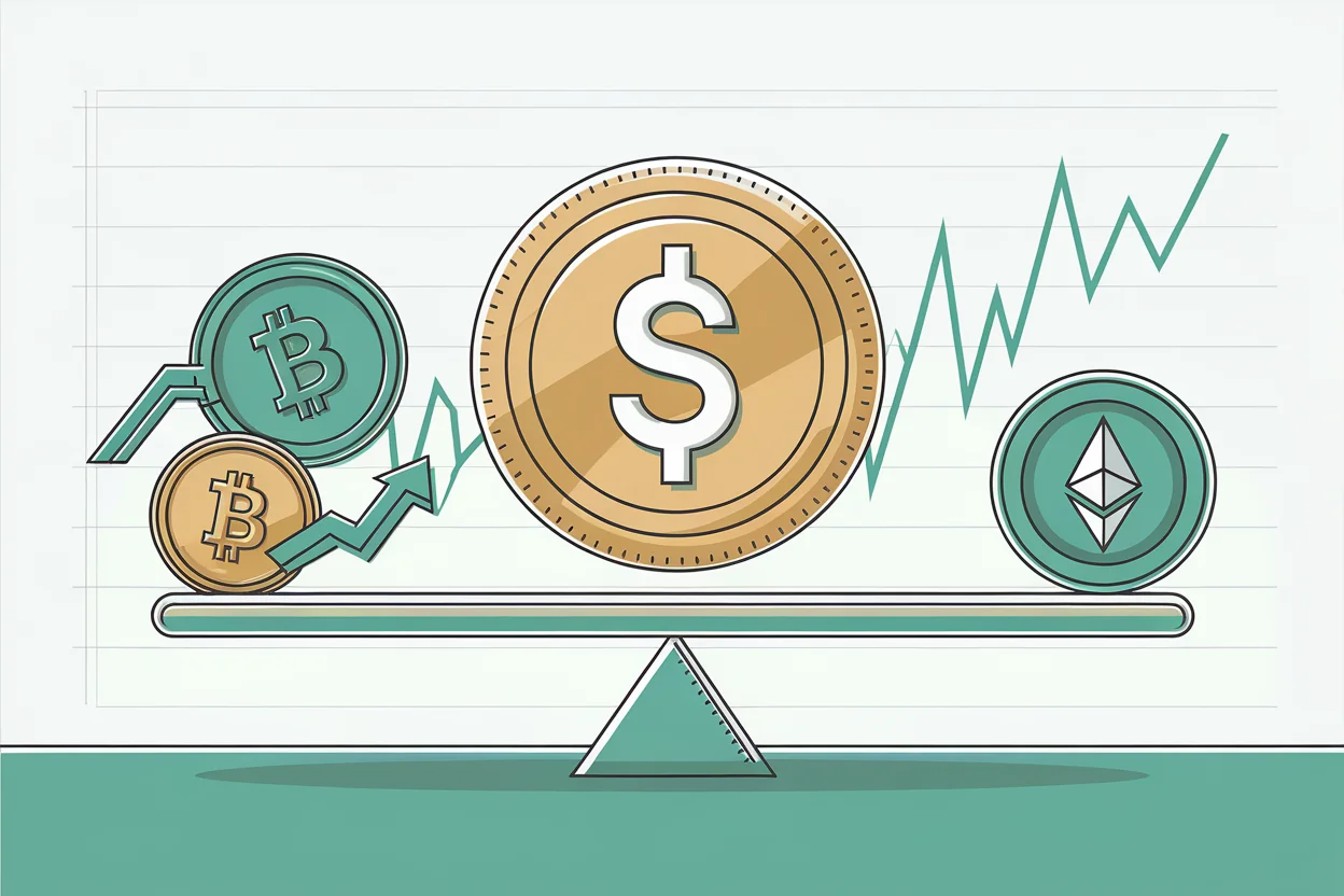 Stablecoin maintaining stable value on a balance scale while Bitcoin and Ethereum fluctuate