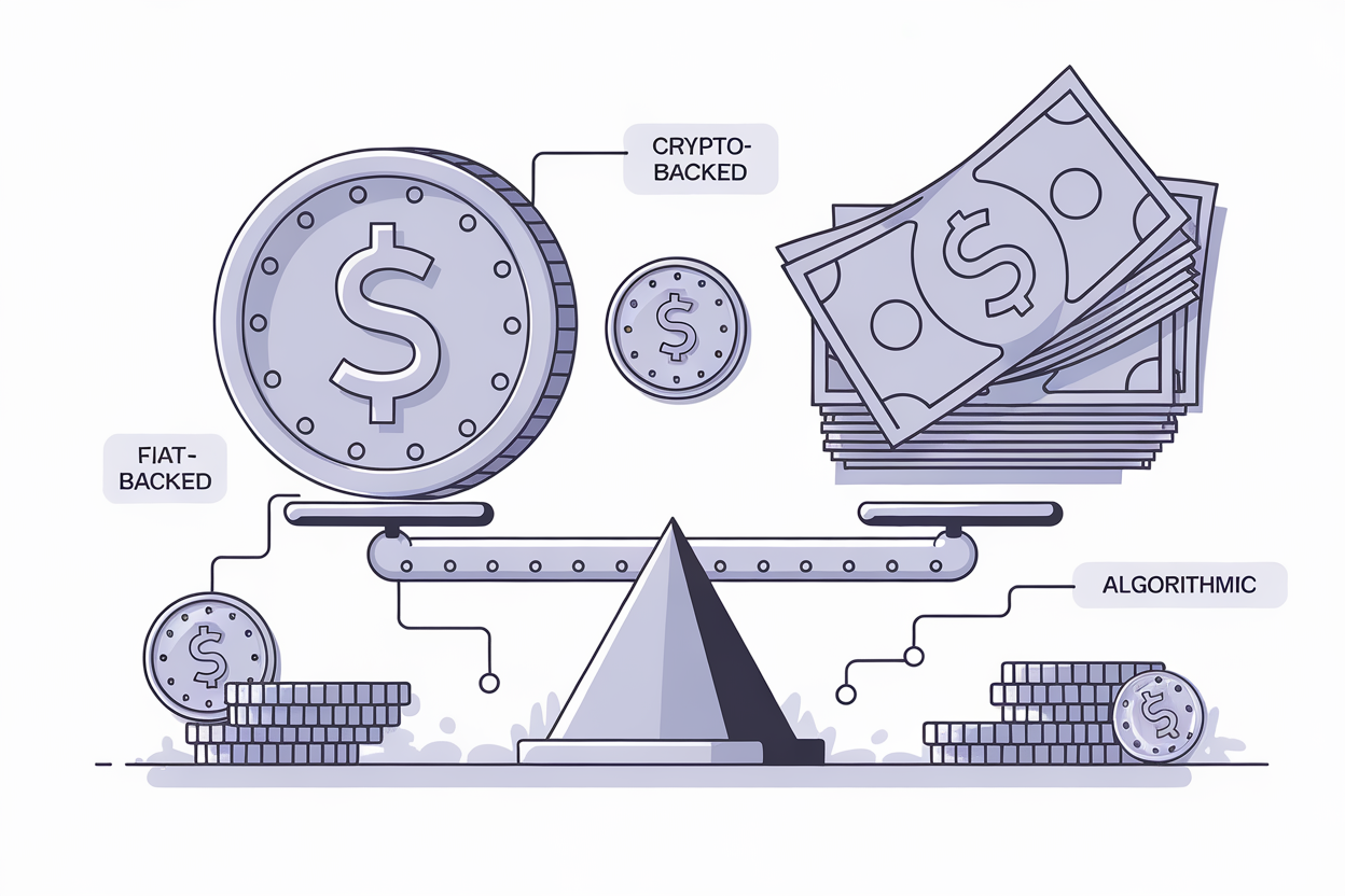 What are stablecoins - digital dollar coins pegged to fiat currency illustration