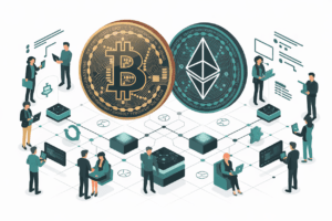 What is cryptocurrency - digital coins and blockchain concept illustration