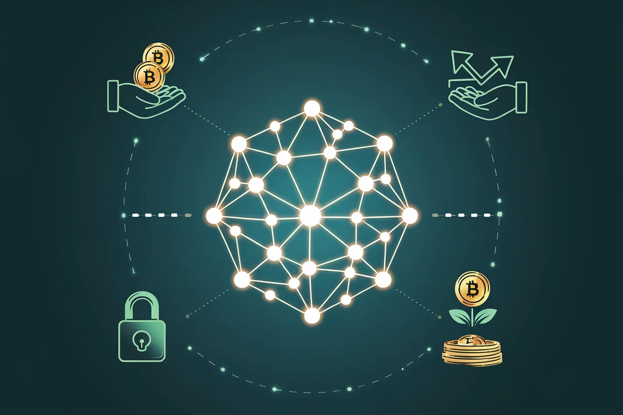 Decentralized finance DeFi network with lending, swapping, staking and yield farming icons