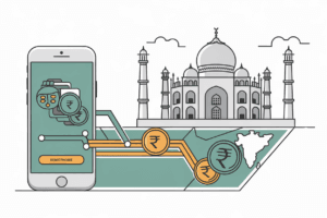 Sending money to India via smartphone remittance app with digital bridge and rupee coins
