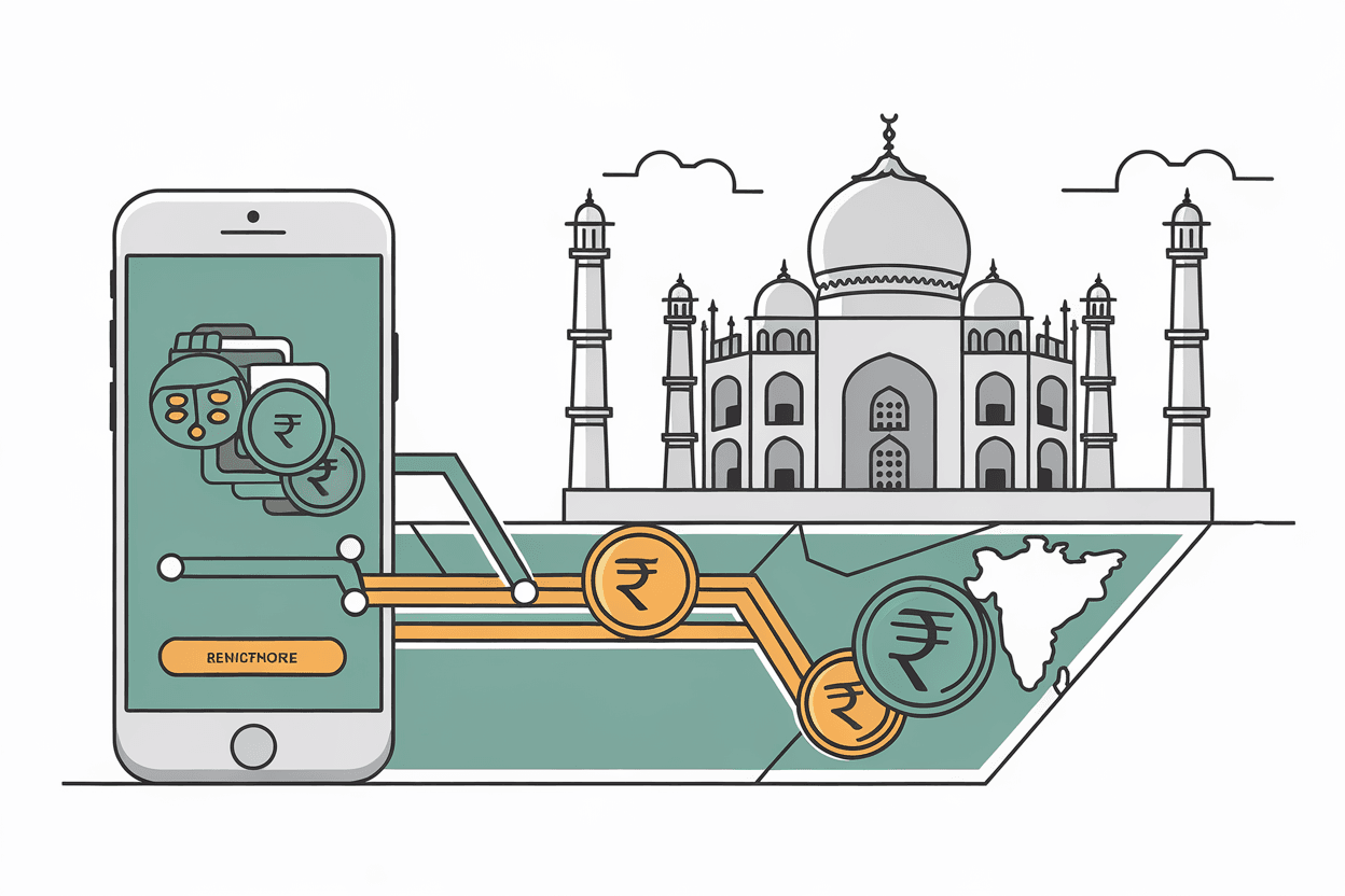 Sending money to India via smartphone remittance app with digital bridge and rupee coins