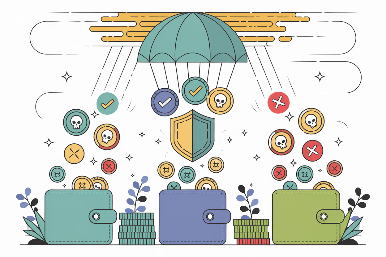 Crypto airdrop illustration showing legitimate tokens with checkmarks and scam tokens with warning signs falling into wallets