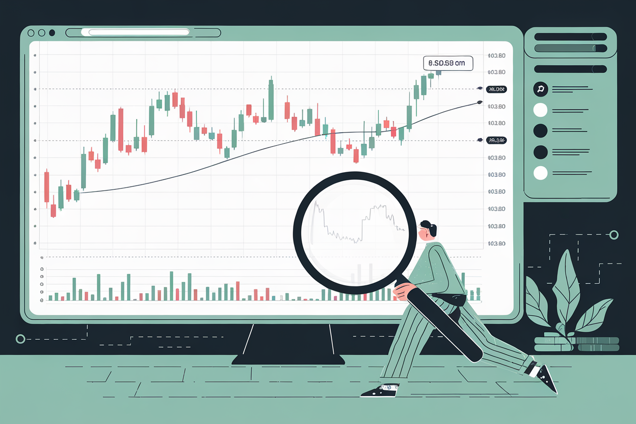 Crypto candlestick chart with technical indicators including moving averages and RSI on a monitor