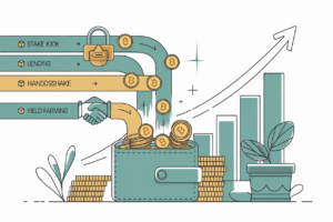 Crypto passive income illustration showing staking, lending and yield farming streams flowing into a wallet
