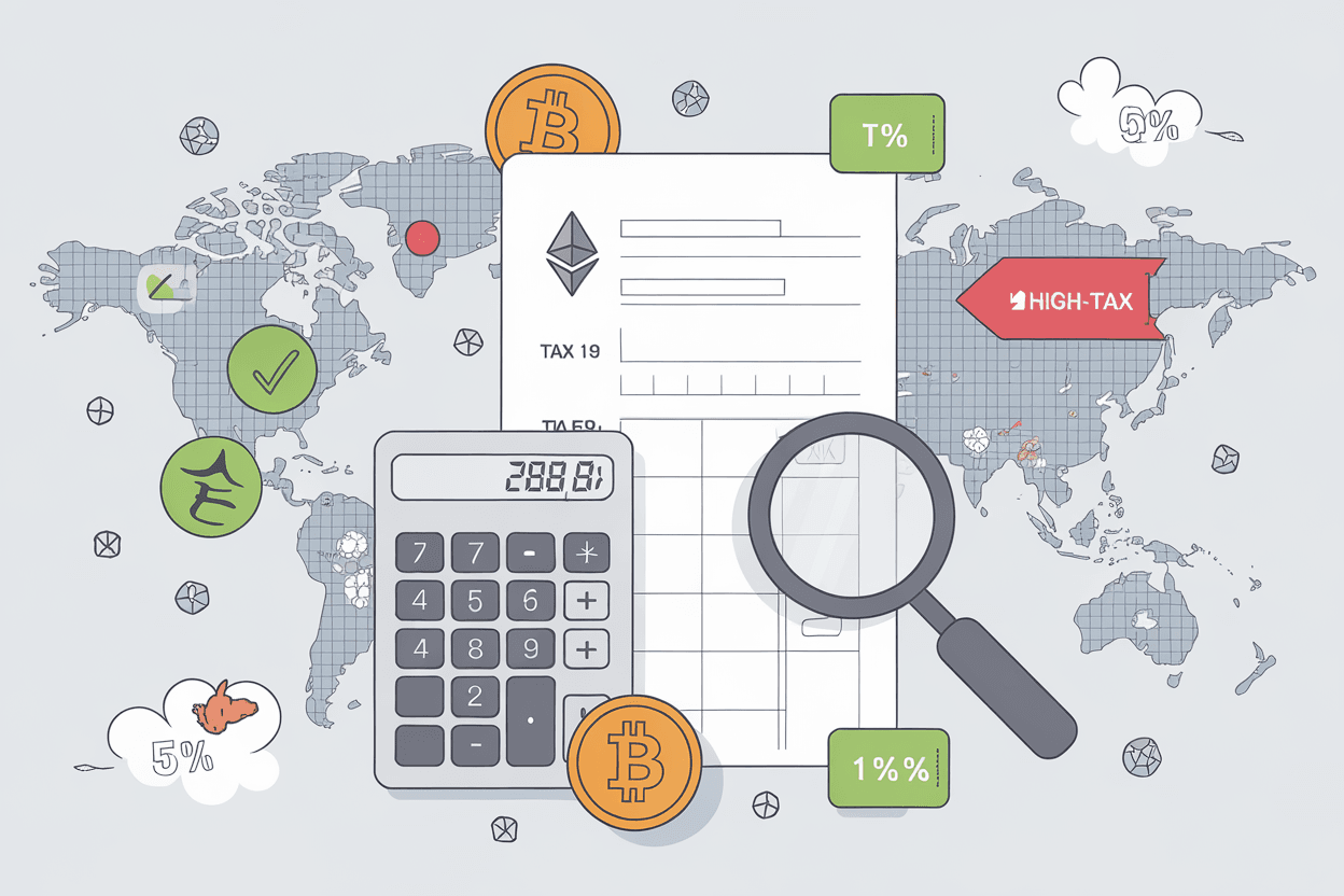 Crypto tax concepts illustration showing calculator, tax form, Bitcoin and Ethereum coins with world map of tax rates