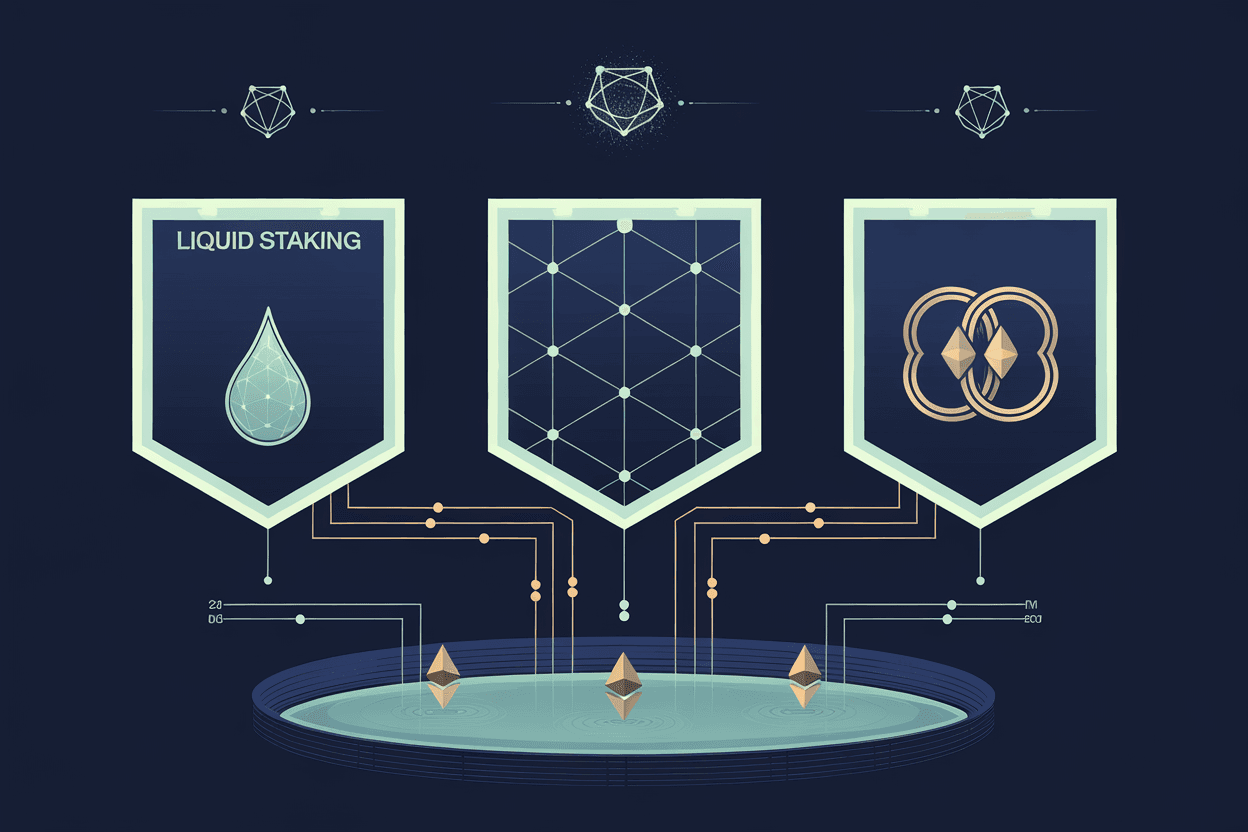 Three Ethereum liquid staking shields representing Lido, Rocket Pool, and Frax with four risk-axis warning glyphs hovering above and a central staking pool reservoir below
