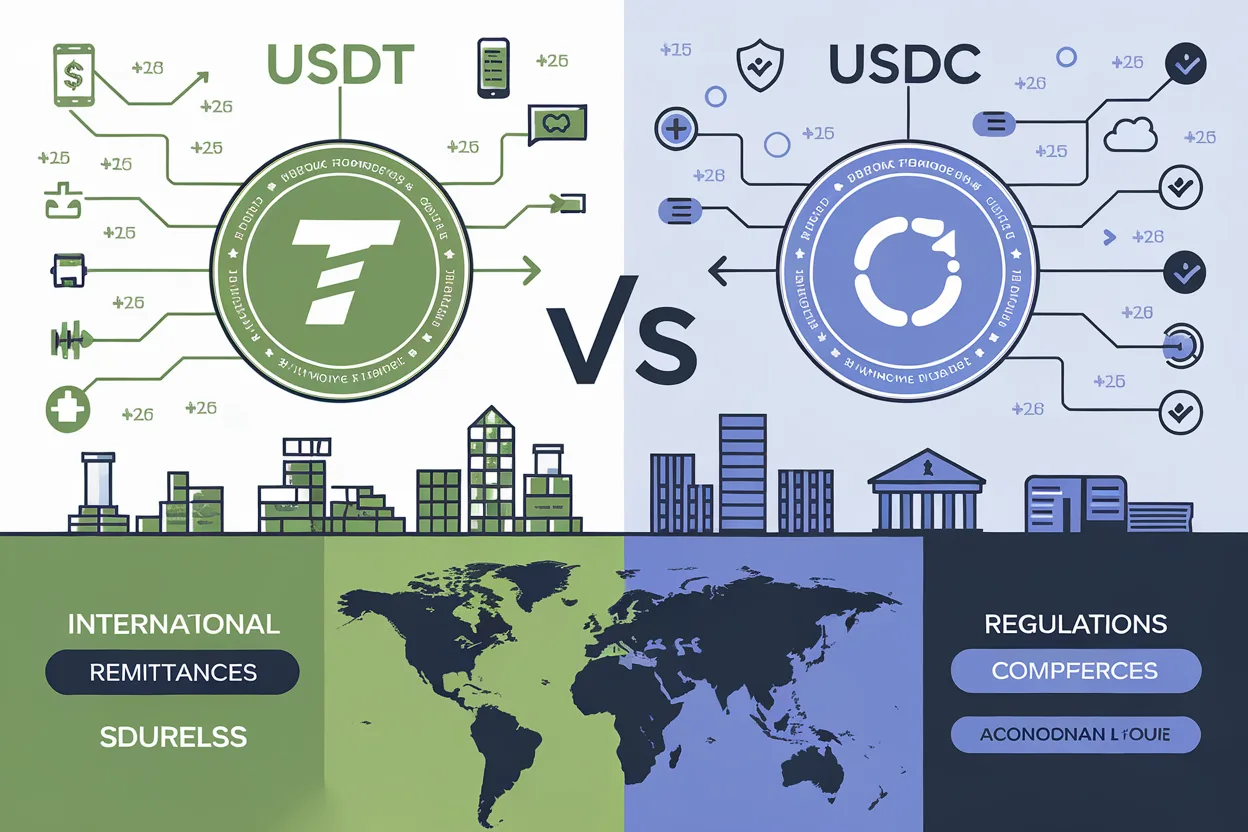 USDT vs USDC comparison for remittances showing both stablecoin logos with transfer arrows