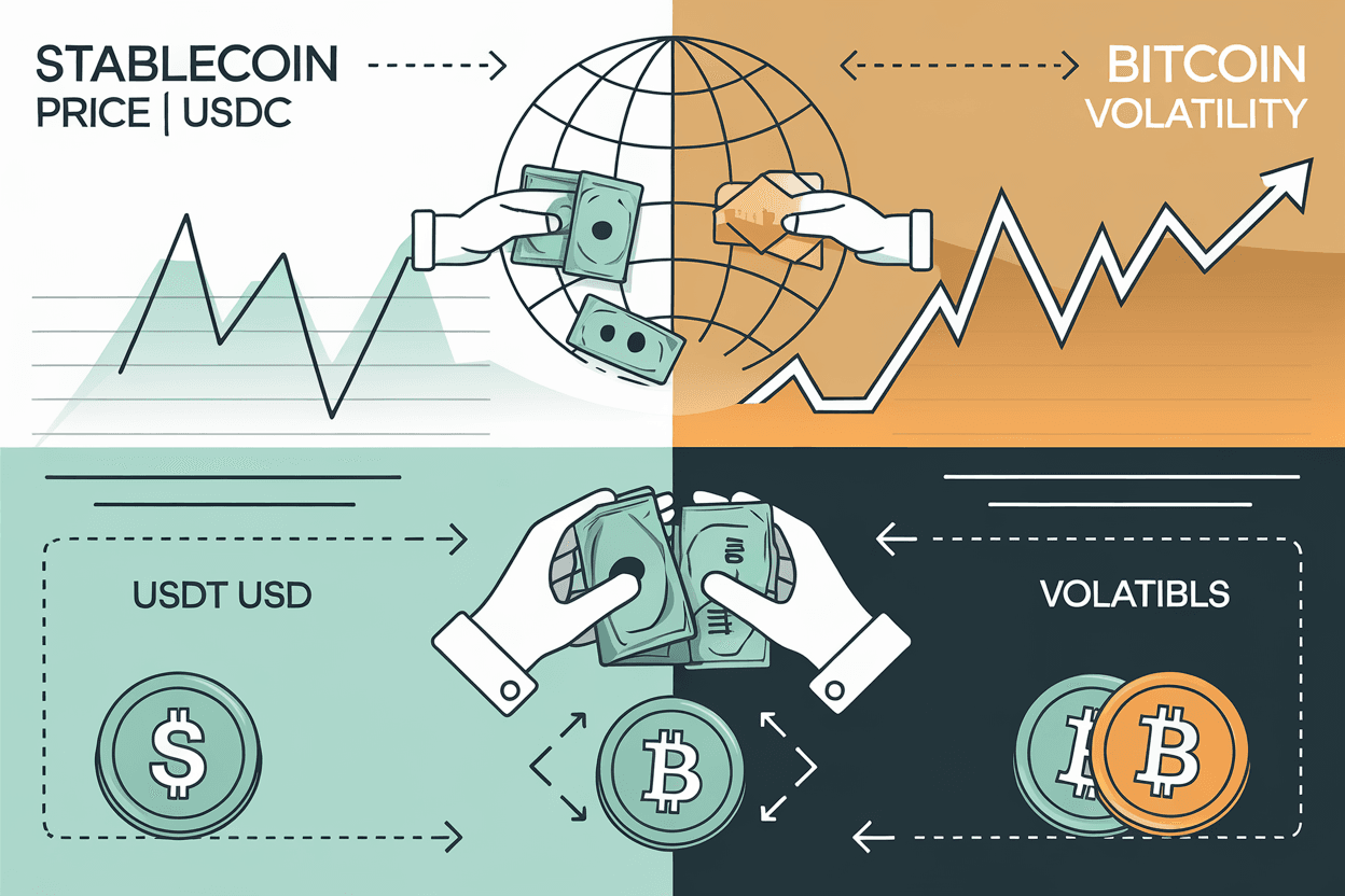 Stablecoin vs Bitcoin comparison for international money transfers showing USDT, USDC, and BTC logos with cross-border remittance arrows