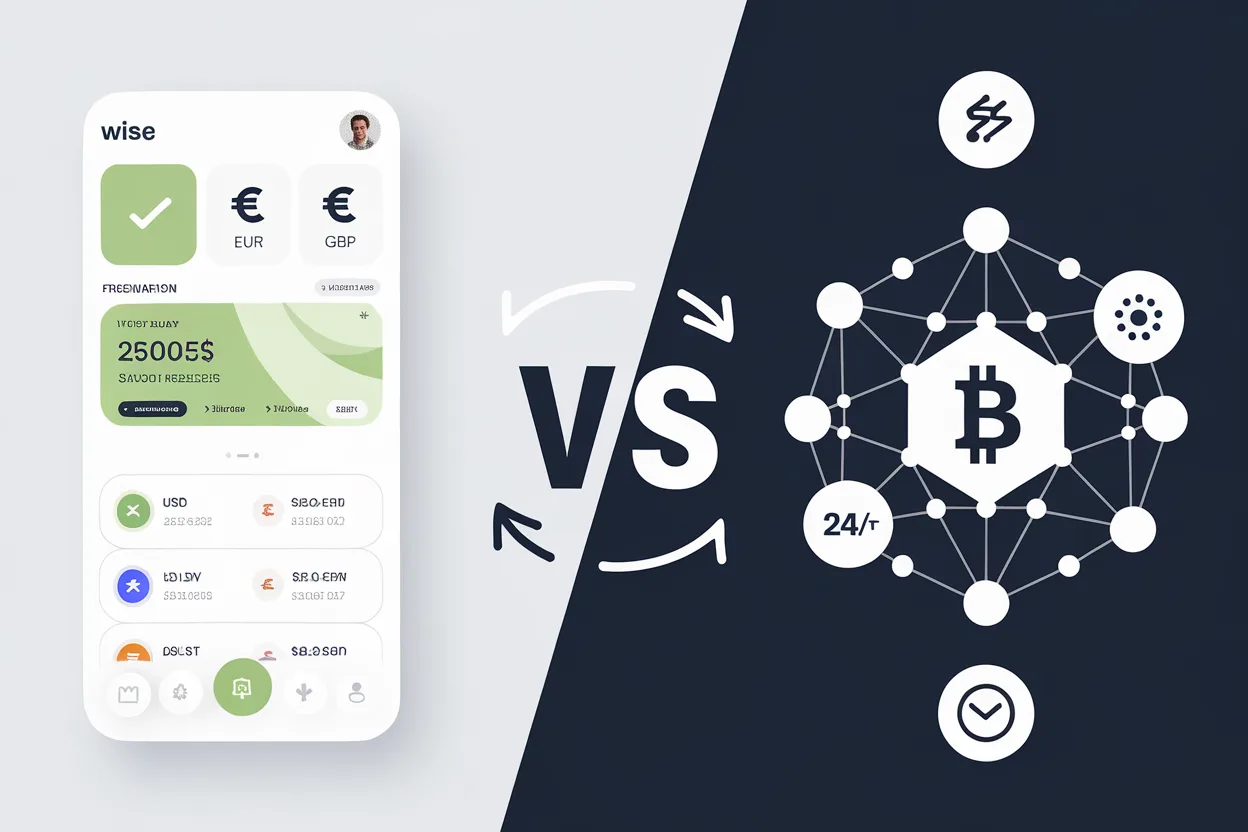 Comparison illustration of Wise fintech transfer vs cryptocurrency USDT remittance showing features side by side