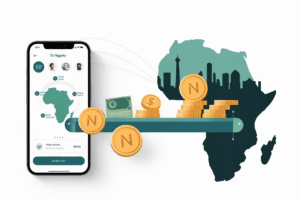 Sending money to Nigeria via smartphone remittance app with naira coins and Lagos skyline