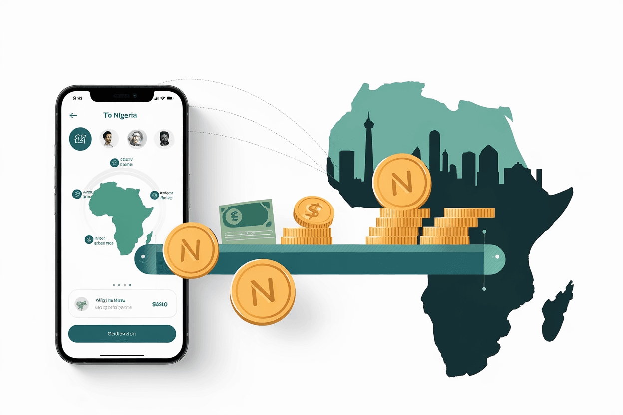 Sending money to Nigeria via smartphone remittance app with naira coins and Lagos skyline