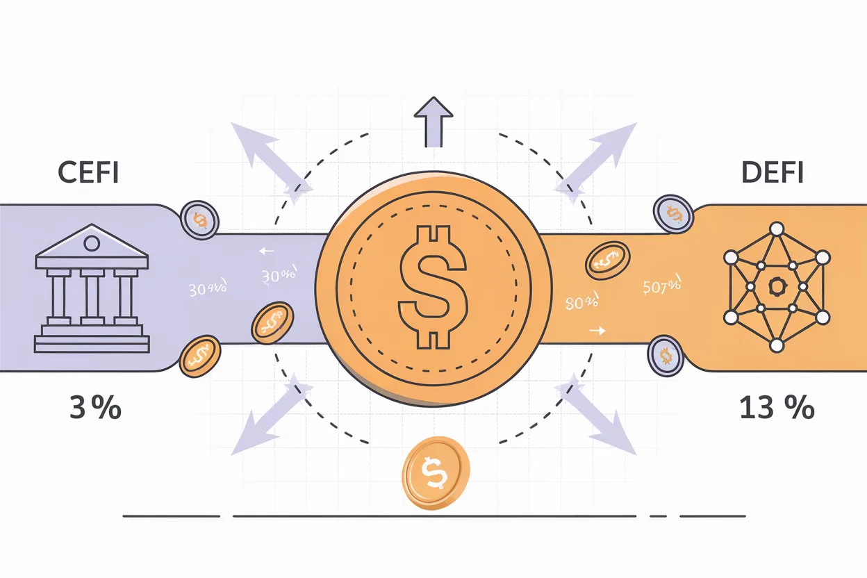 Stablecoin savings rates comparison showing CeFi and DeFi yield paths for USDT and USDC