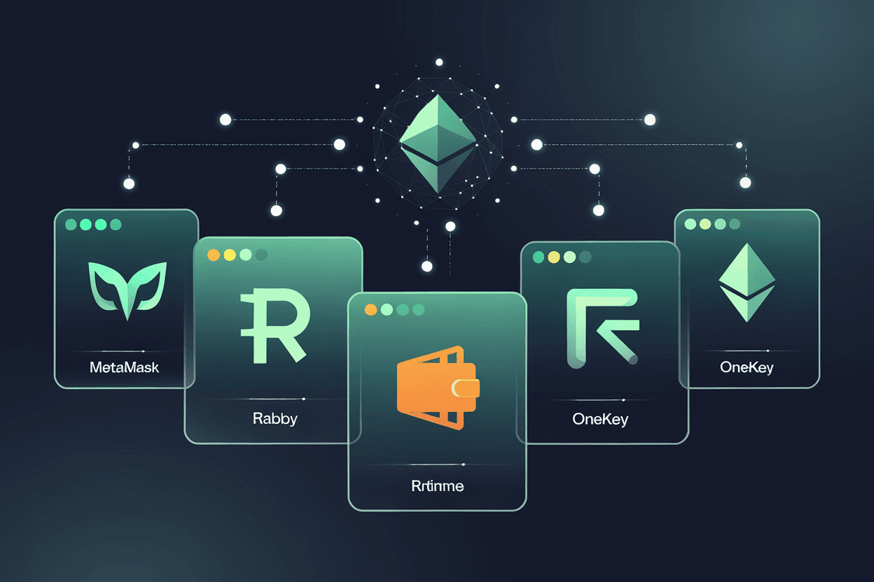 Best EVM browser wallets 2026 comparison: MetaMask, Rabby, Rainbow, OneKey, Frame on dark navy background with Trust Teal accents