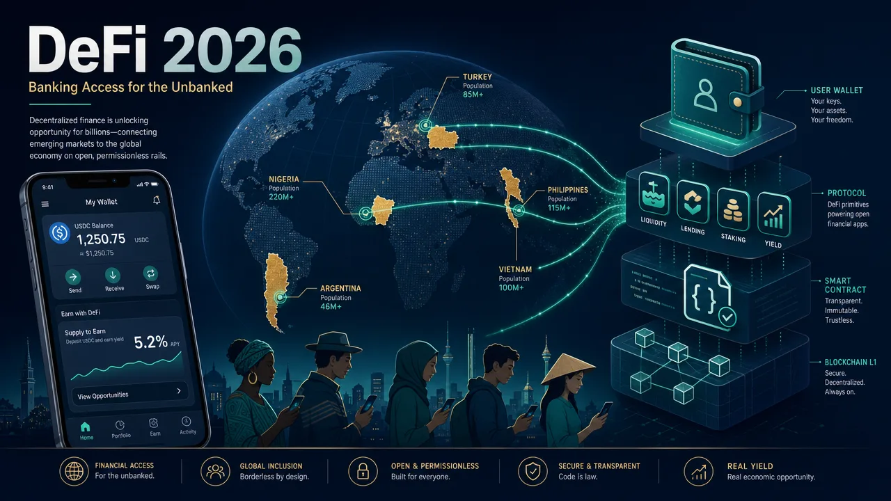 DeFi 2026: Banking Access for Emerging Markets — illustrated diagram showing emerging market countries connected via decentralized rails to lending, DEX, and yield protocols