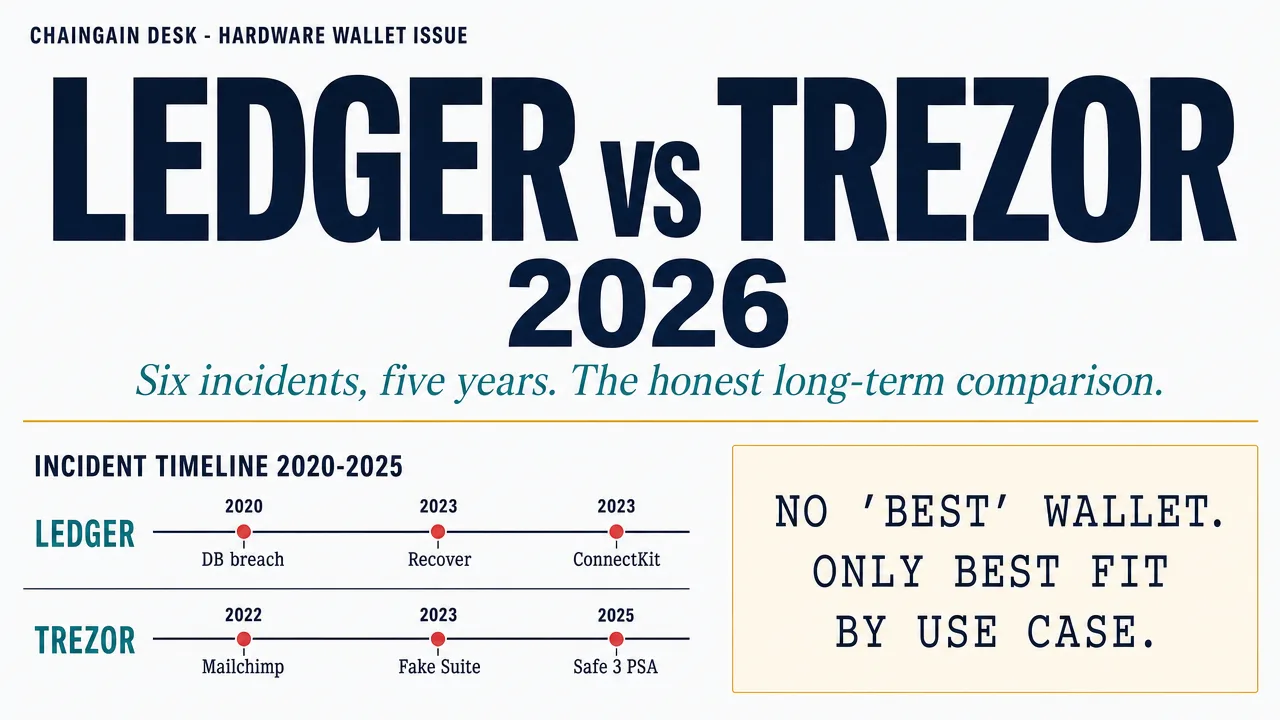 Ledger vs Trezor 2026: Six incidents across five years editorial comparison cover