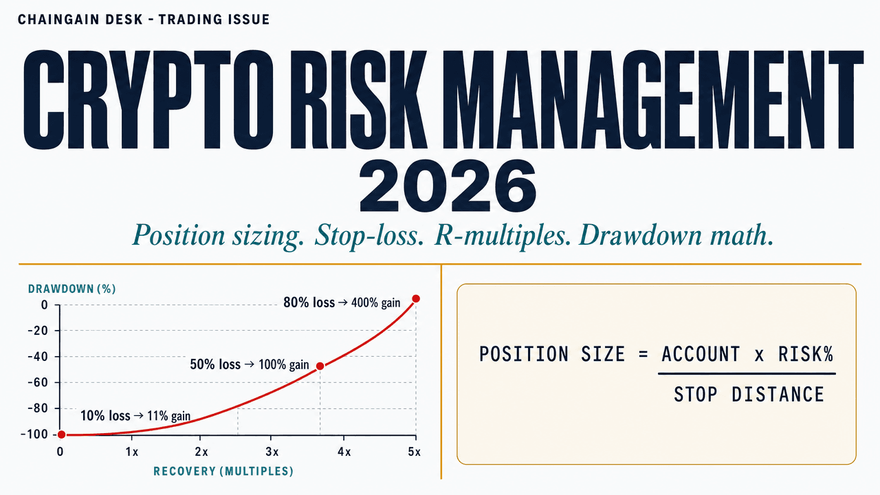 Crypto risk management 2026: position sizing formula, R-multiple expectancy, drawdown recovery curve, stop-loss matrix in editorial four-quadrant infographic