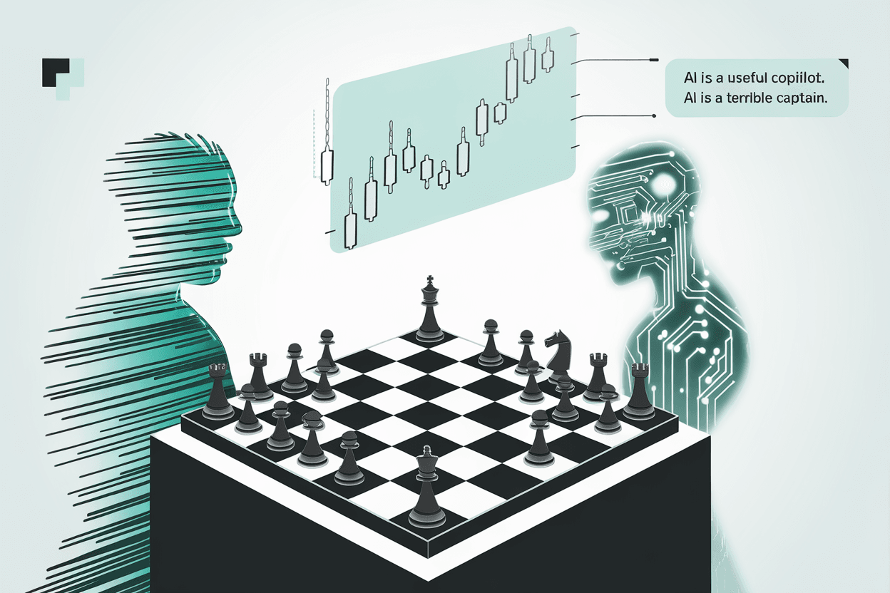 A chess board with a human silhouette in teal facing a glowing AI circuit silhouette, with an overlay quote: AI is a useful copilot. AI is a terrible captain.