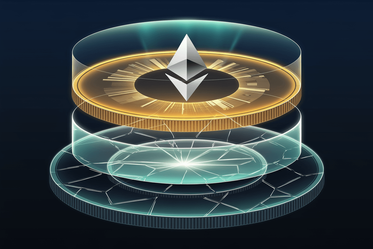 Three-layer ETH yield stack — staking, restaking with EigenLayer/Symbiotic/Karak shields, and risk surface ring