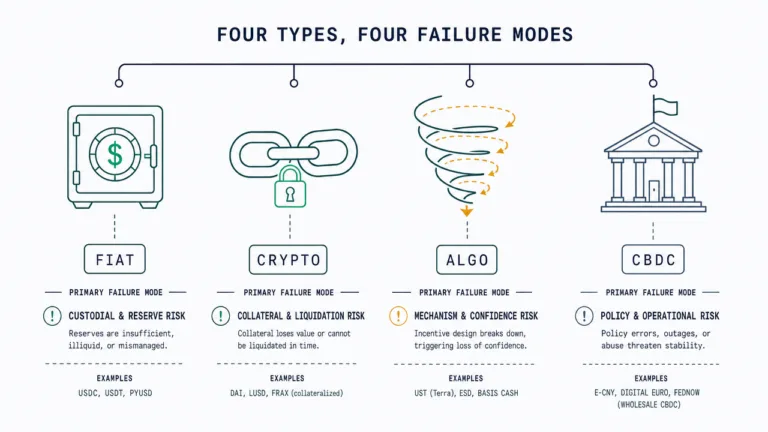 Stablecoin Types 2026: Fiat-Backed vs Crypto-Backed vs Algorithmic — What Each Actually Backs