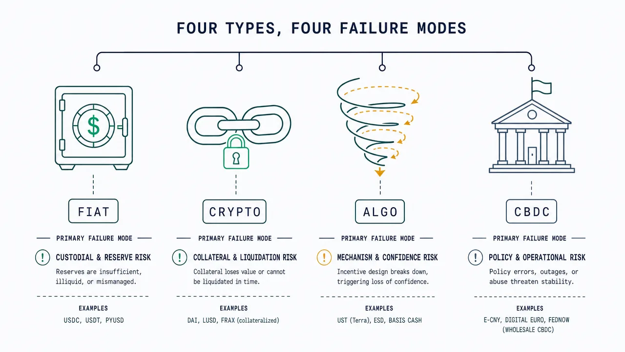 Stablecoin types 2026 classification — fiat-backed, crypto-backed, algorithmic, and CBDC pillars