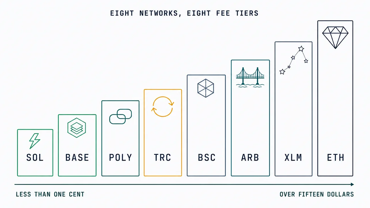 USDT transfer fee hierarchy across 8 blockchain networks: Solana, Base, Polygon, BSC, Arbitrum, Tron TRC-20, Stellar, Ethereum