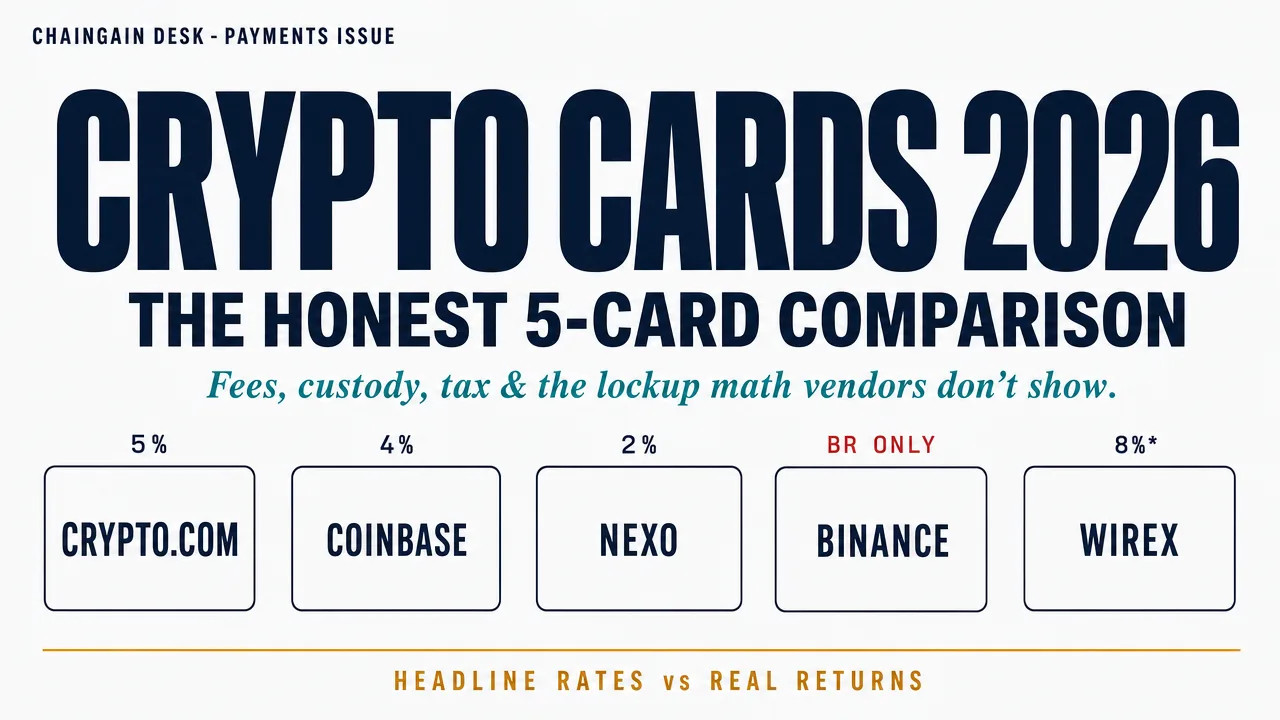 Crypto Cards 2026 honest comparison of Crypto.com Visa, Coinbase, Nexo, Binance, and Wirex cards