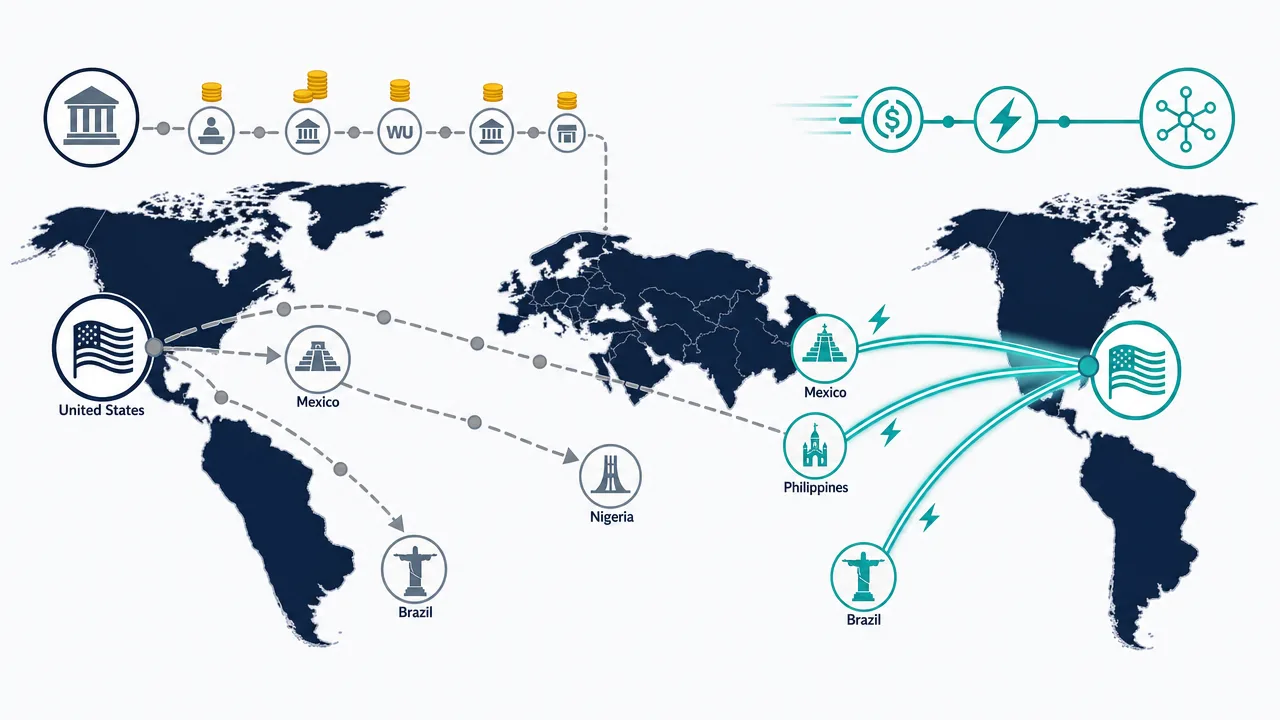 Illustrative diagram of US remittance corridors to Mexico, Philippines, Nigeria and Brazil, contrasting traditional bank rails with faster crypto stablecoin rails