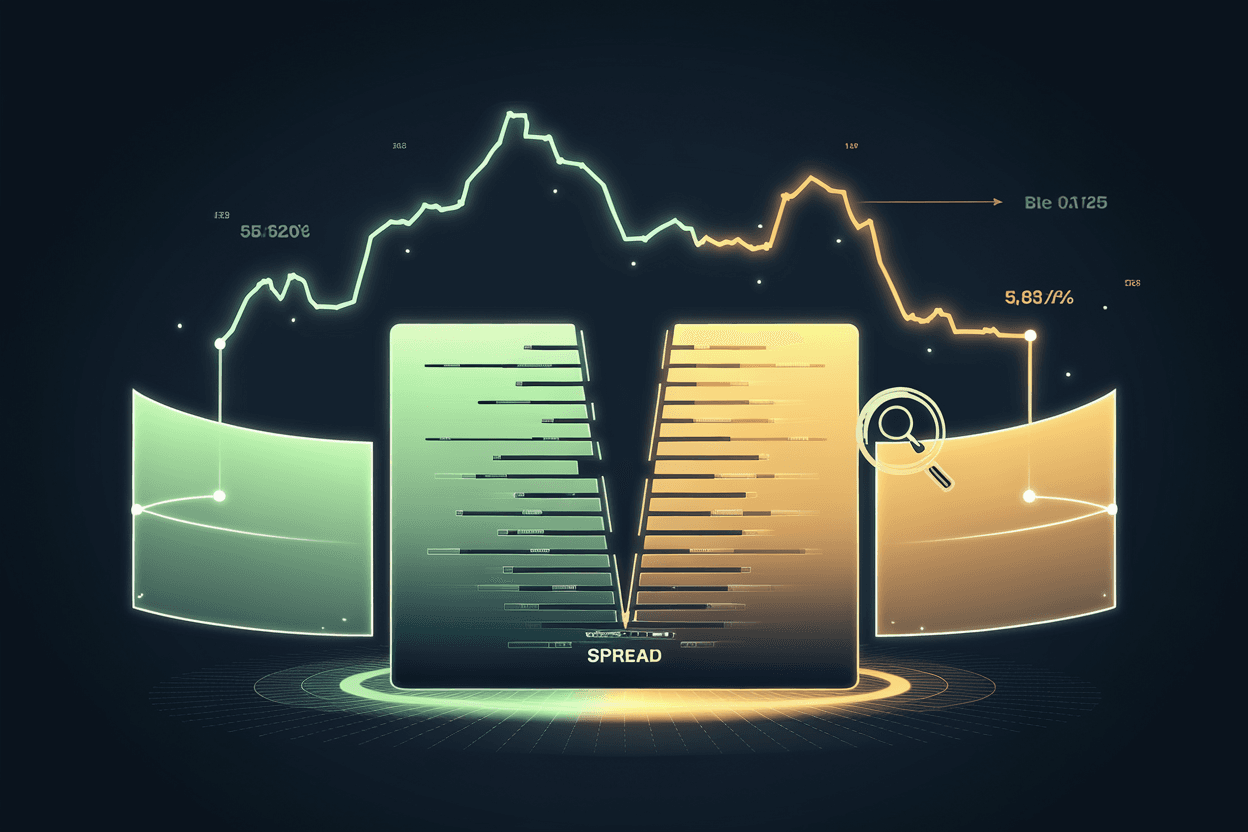 Crypto exchange order book with green bid stack on the left and gold ask stack on the right, separated by a spread gap, with a depth chart silhouette behind and a dissolving spoofing wall on one side
