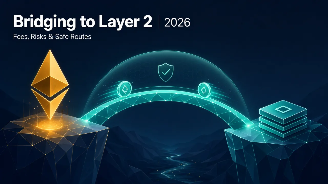 How to bridge to Layer 2 safely in 2026 &mdash; a bridge arc carrying coins between Ethereum and a Layer 2 network